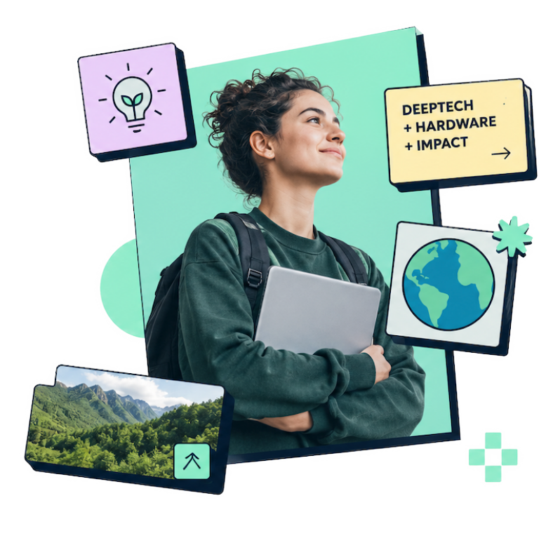 Student founder surrounded by deeptech, climate, and hardware ideas